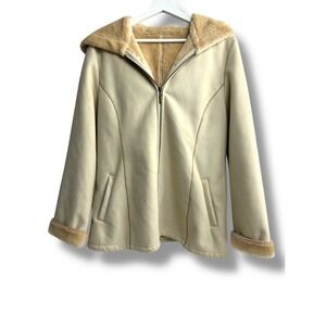 Marvin Richards Womens Size M Cream Faux Suede Fur‎ Lined Hooded Jacket Coat